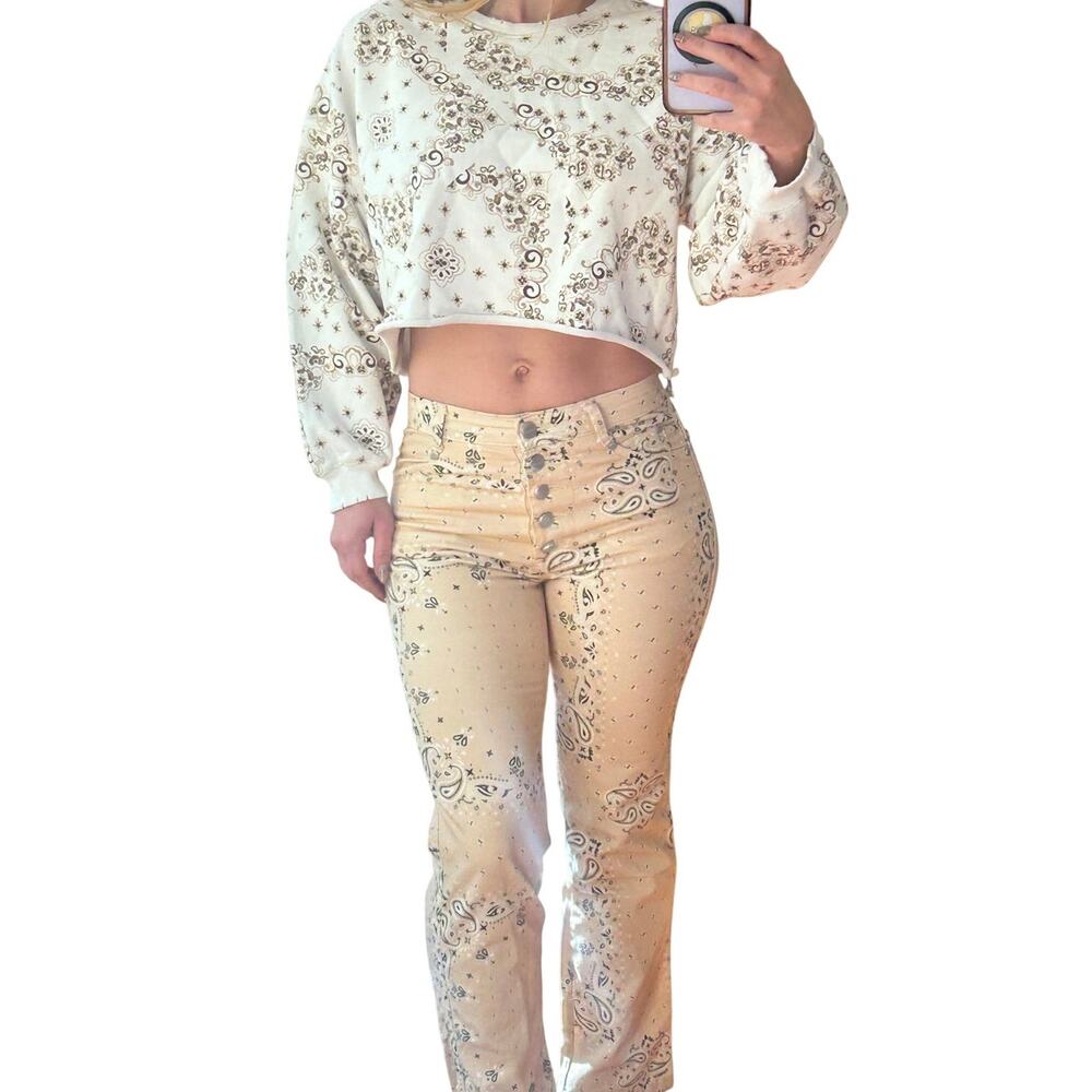 The Westside XS Cropped Sweatshirt Paisley Bandana Raw Hem Distressed Cotton - Picture 2 of 5